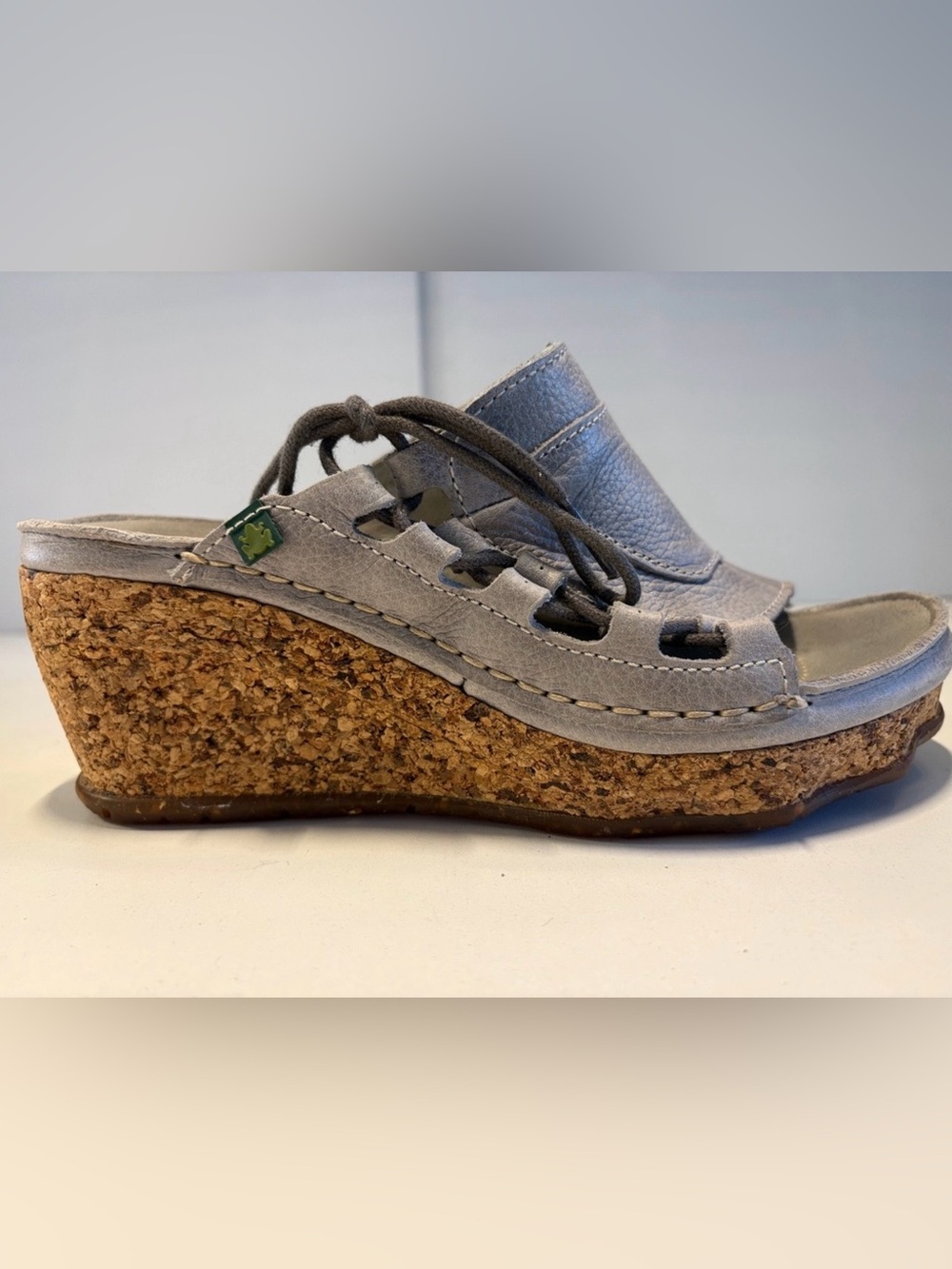 EL NATURA LISTA 🐸 soft-gray Leather Lace-Up Cork Wedge Slide Sandals